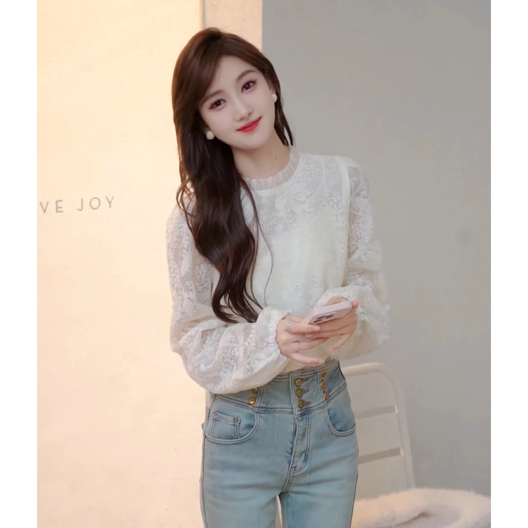 【云朵】2024年冬季新款刺绣提花纯色蕾丝打底上衣T1313-欧韩穿搭