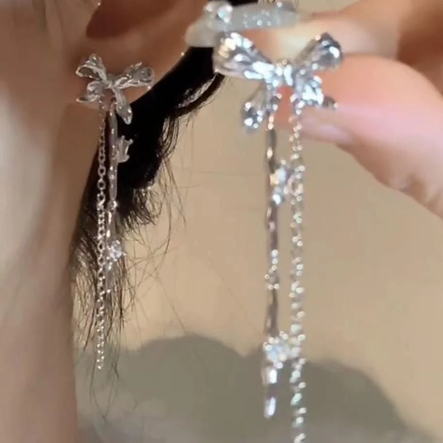 铜合金耳饰 流苏蝴蝶结水钻耳钉女设计感高级耳环气质长款耳饰ins