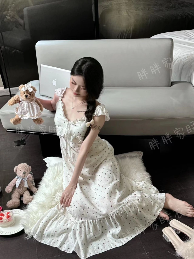 【樱桃红】夏季带胸垫睡裙女纯欲碎花舒适显瘦连衣裙女士气质蕾丝