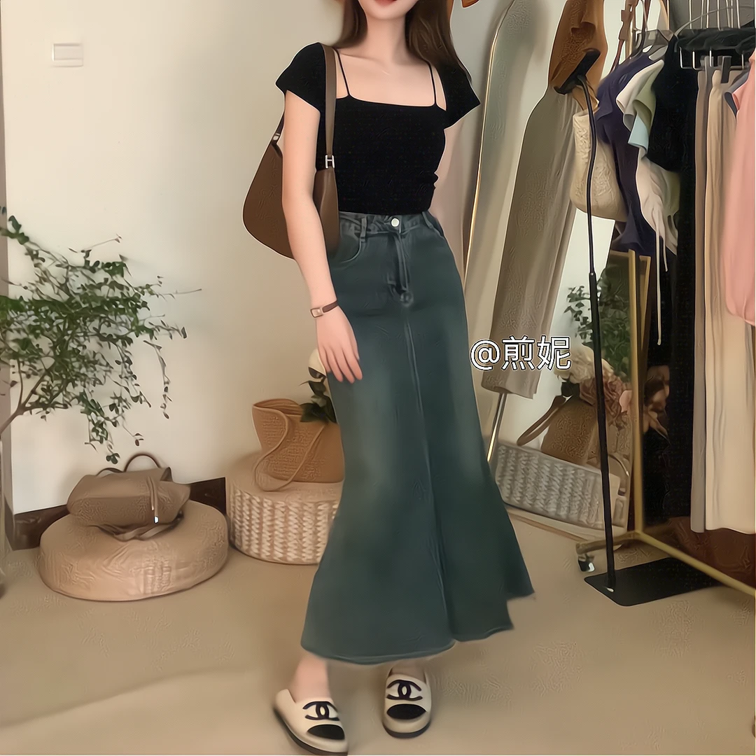 现现 高腰显瘦磨毛流苏长款设计感鱼尾包臀裙牛仔半身裙
