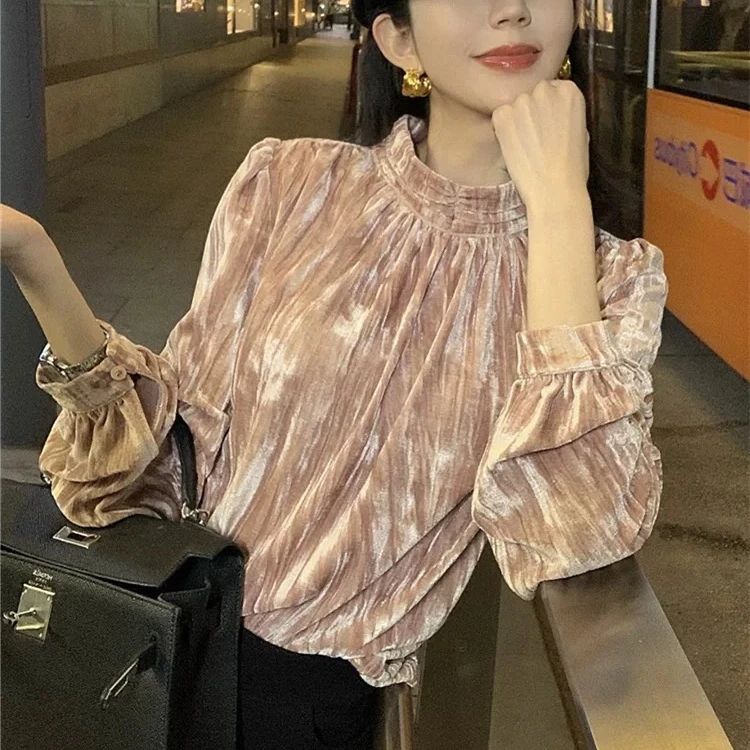 高级感法式金丝绒衬衫女长袖秋冬新款设计感洋气立领上衣打底衫女