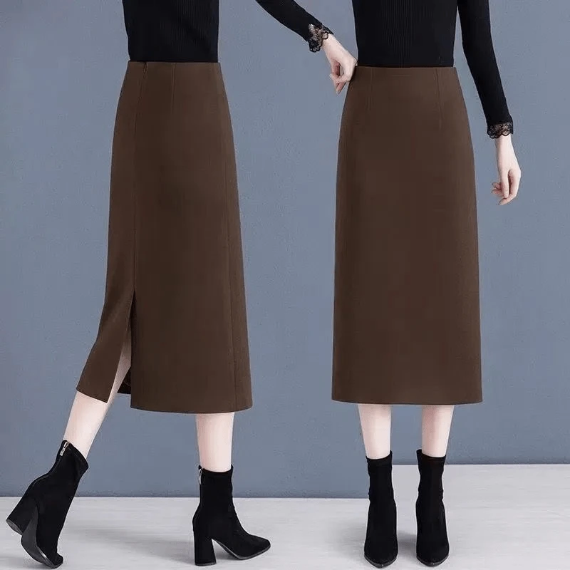 安哥拉红毛呢半身裙女秋冬新款中长款高腰开叉加厚A字包臀直筒裙