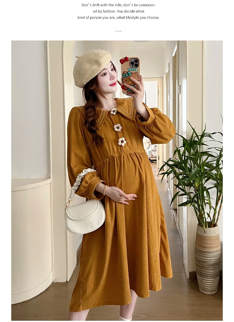 孕妇装2025春秋甜美韩版宽松长袖娃娃领显瘦百搭孕妇连衣裙-61308