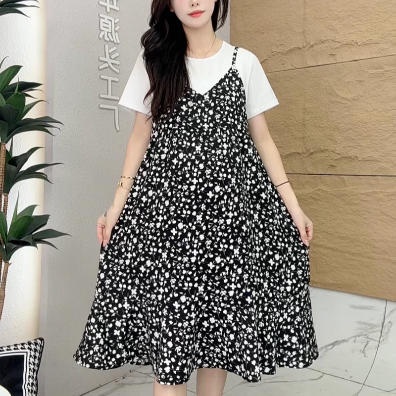 孕妇装春夏新款显瘦洋气碎花时尚吊带假两件中长款连衣裙226068