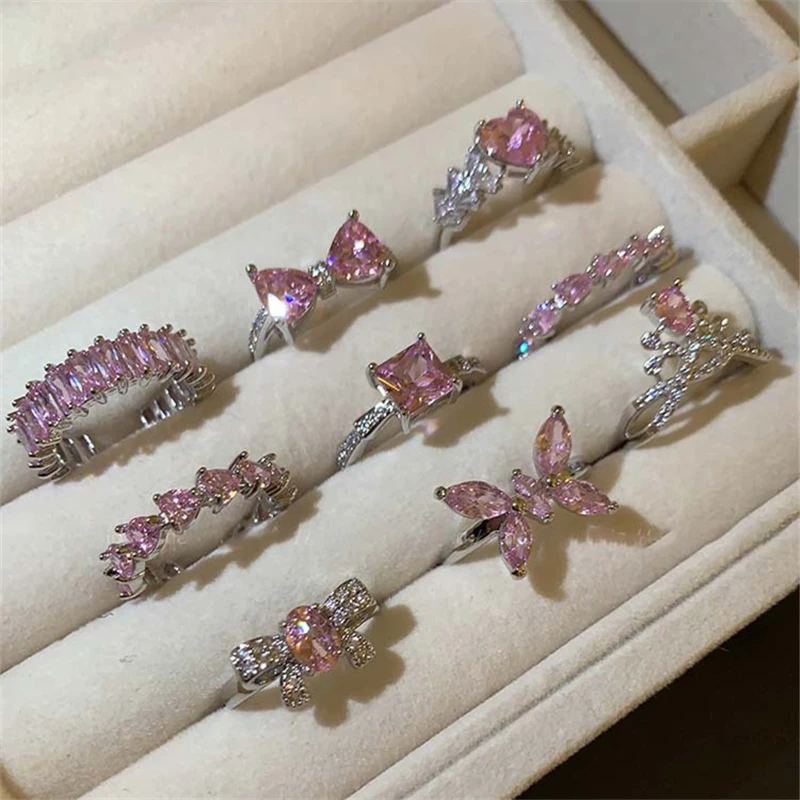 饰忆客 铜合金戒指 时尚少女排戒百搭粉色指环女气质小众设计戒指