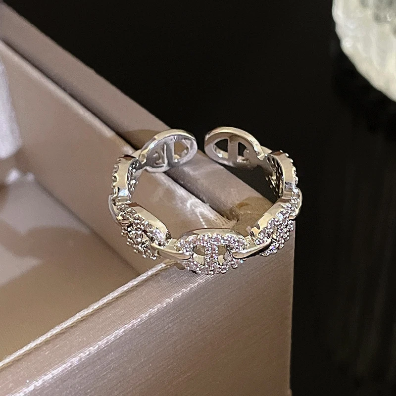 饰忆客 铜合金戒指 链条猪鼻开口戒指韩国时尚小众设计感食指轻奢