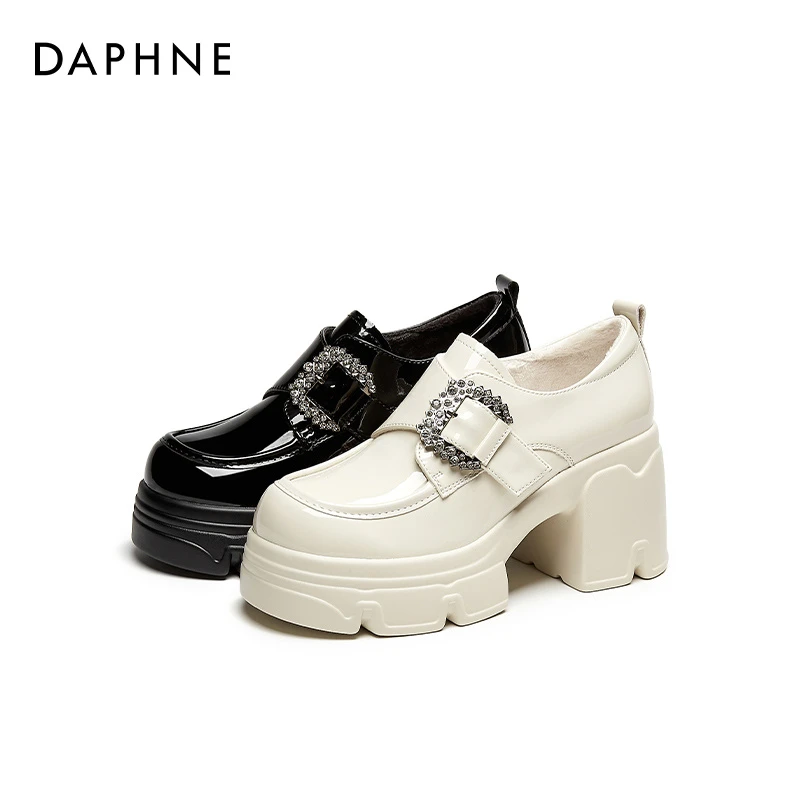 达芙妮乐福鞋女2025秋季新款漆皮水钻厚底小个子时尚气质增高女鞋