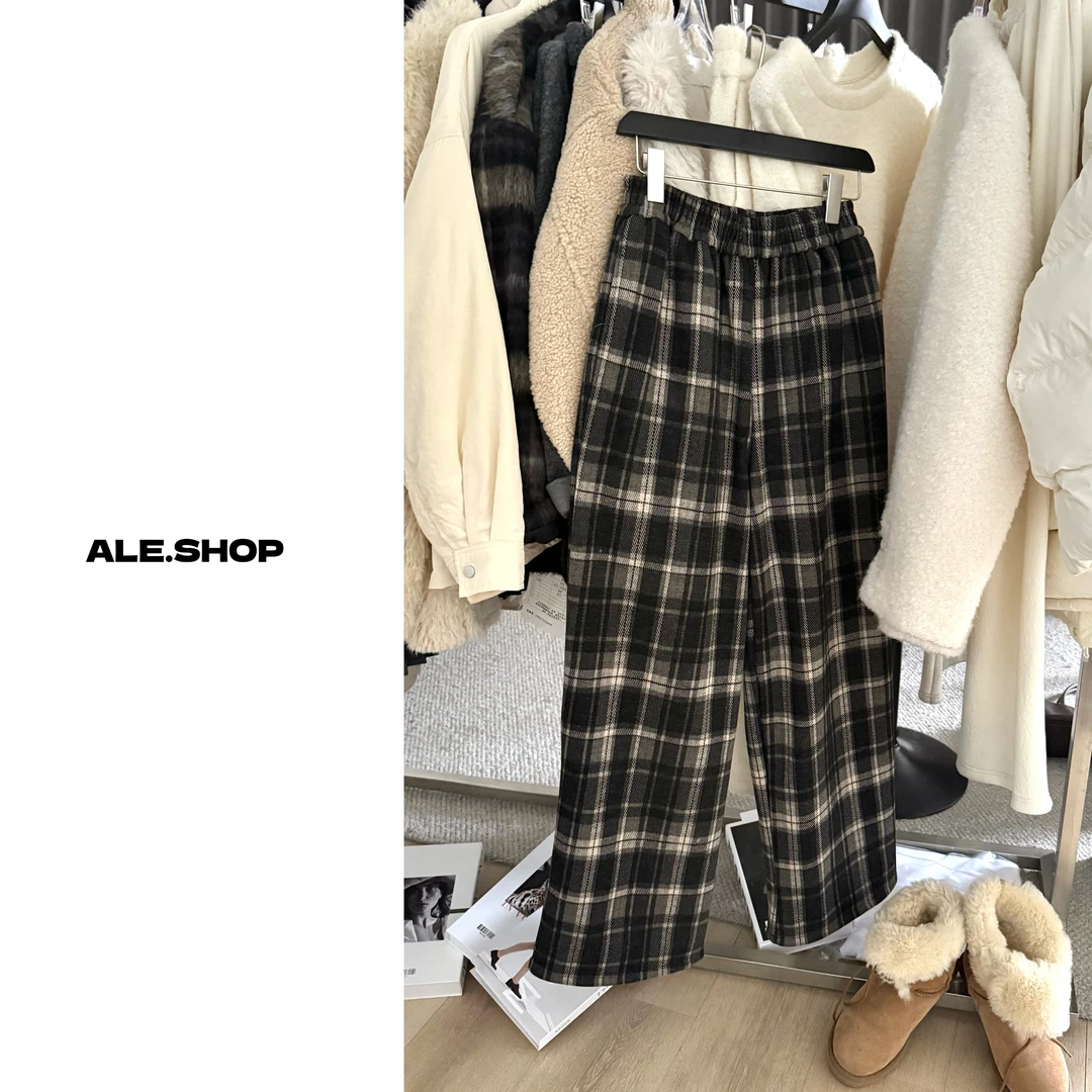【阿乐家】大码微胖”枫糖黑巧“复古经典加绒格子高腰休闲裤