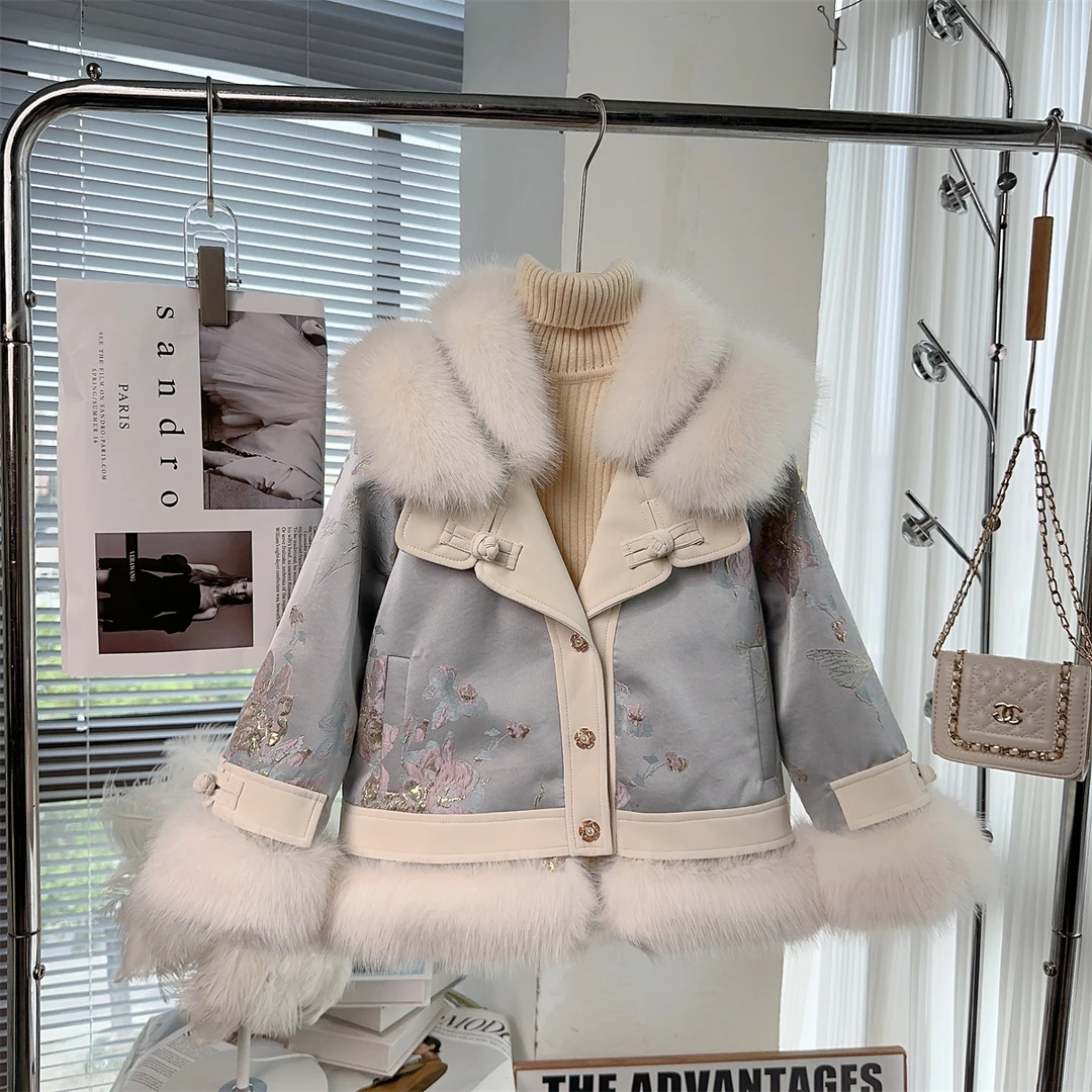 女童仿皮草外套2024秋冬季装公主儿童小众刺绣国风加绒上衣23329