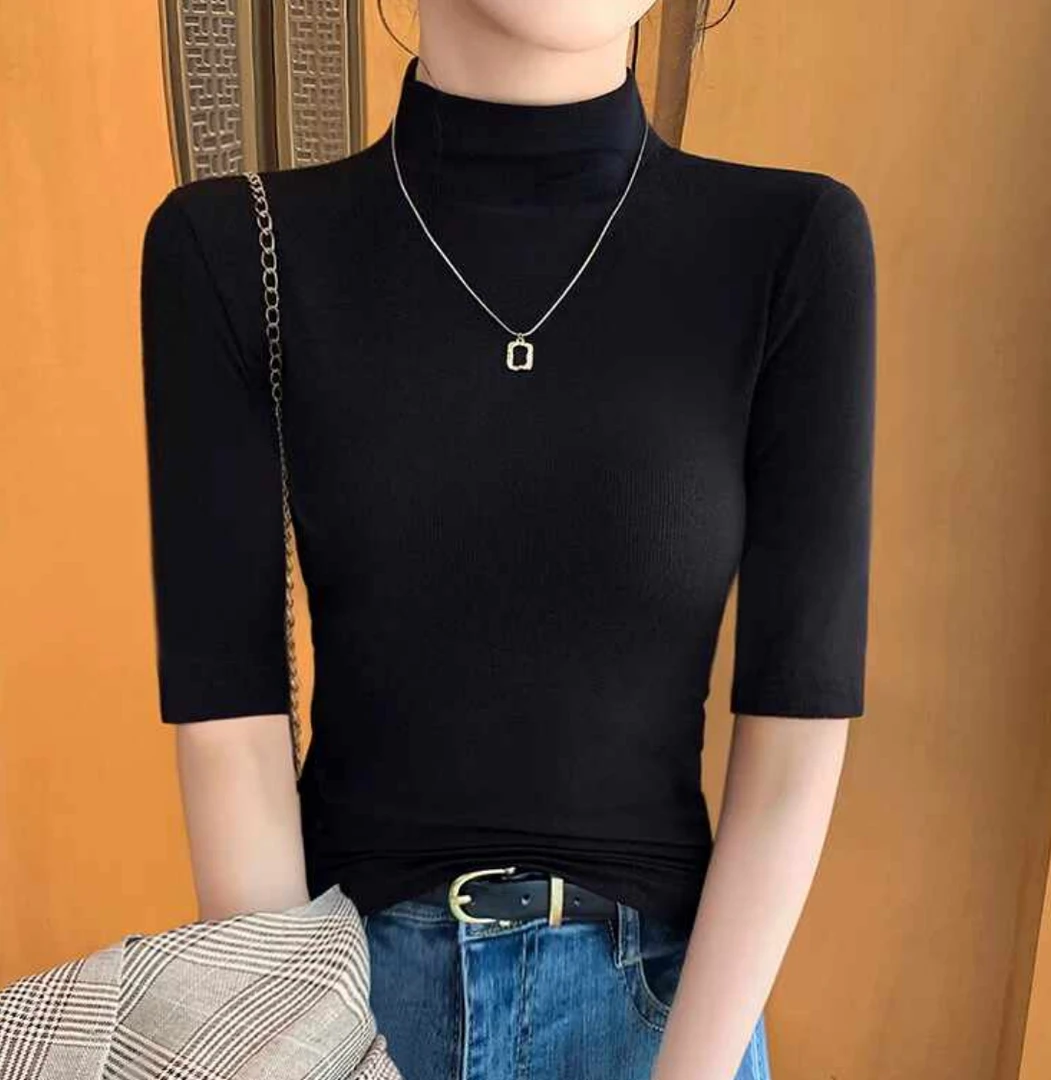 半高领中袖打底女2024新款秋冬季内搭五分袖黑色针织打底上衣