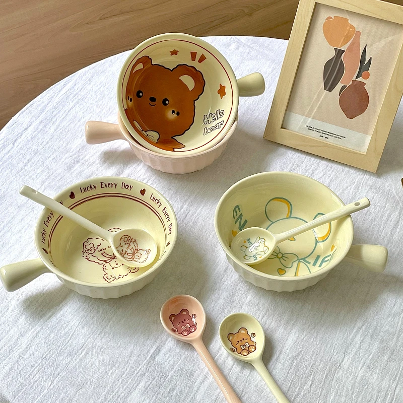 卡通陶瓷餐具手柄碗带柄碗家用泡面碗带勺可爱酸奶燕麦碗沙拉碗
