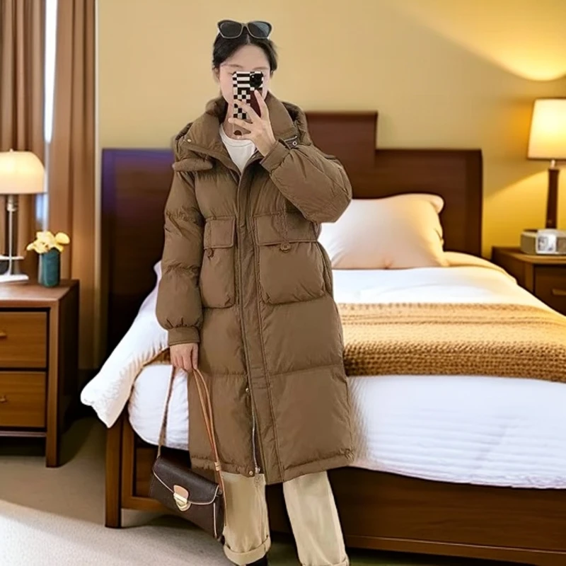 时尚气质潮流百搭韩版连帽冬季中长款过膝收腰保暖羽绒