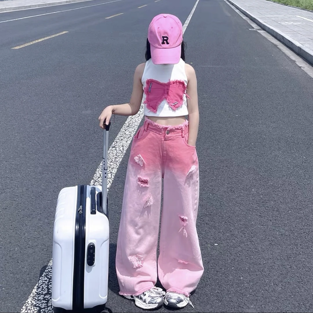 女童破洞渐变牛仔裤夏季2024新款中大童薄款网红时尚宽松高腰裤潮
