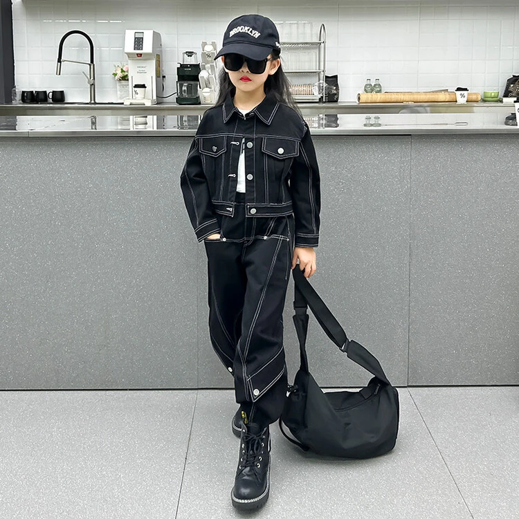 女童牛仔工装套装秋款2025秋季新款中大童时髦女孩休闲运动两件套