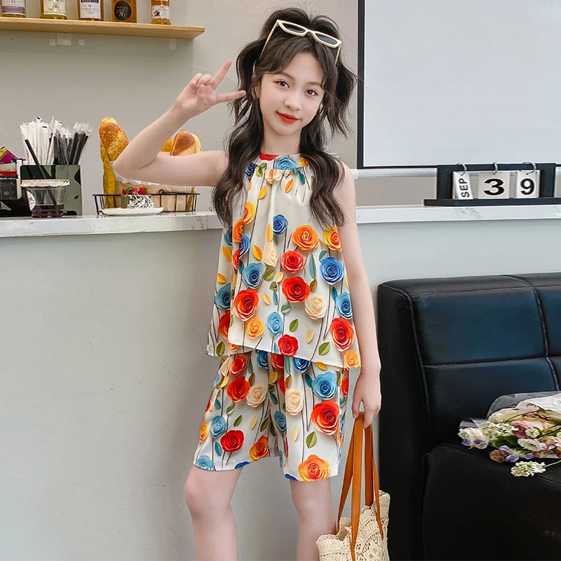 女童夏季套装2024新款儿童网红炸街洋气夏装女大童立体花朵两件套