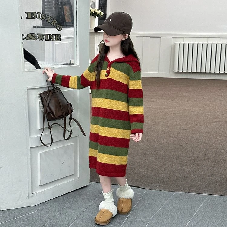 女童秋冬长款过膝毛衣针织连衣裙2024冬季新款洋气童装小女孩冬装