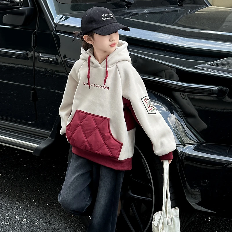 女童卫衣秋冬款夹棉加厚2024新款洋气女孩大童冬装连帽打底衫上衣