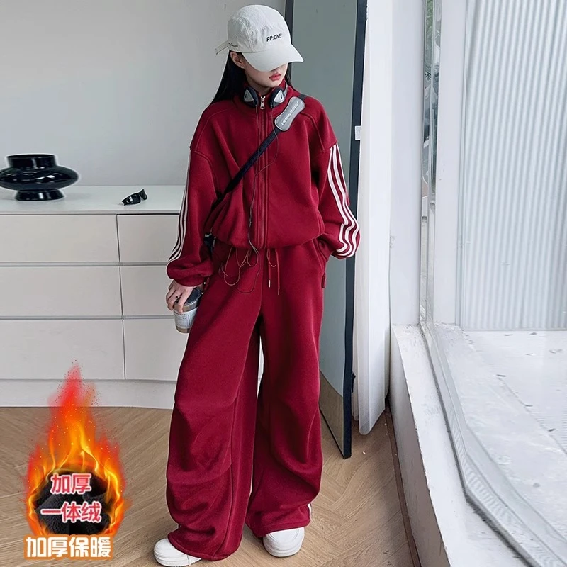 女童秋冬套装2024新款加绒大童卫衣外套儿童深秋季潮酷穿搭两件套