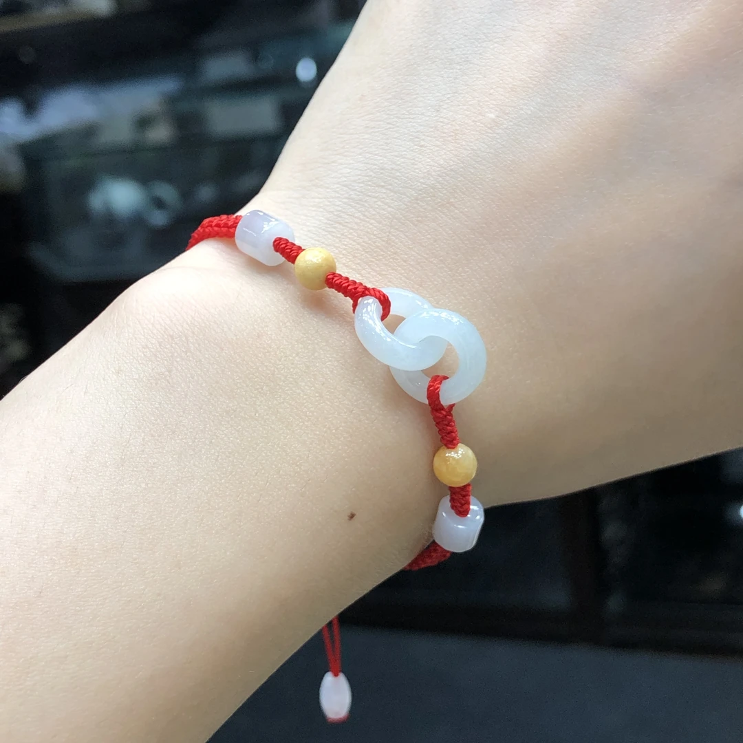 缅料翡翠环环相扣手绳多样性发手工时尚编织简约闺蜜女款红色绳编