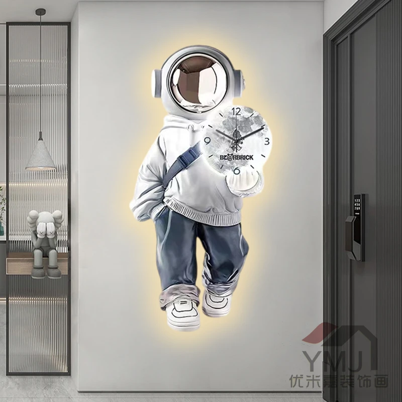宇航员大气背景墙装饰画钟表高级感时钟轻奢客厅走廊过道玄关挂画