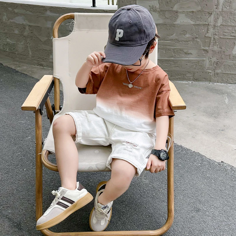 男童夏装套装儿童新款衣服宝宝圆领渐变短袖T恤破洞五分裤两件套