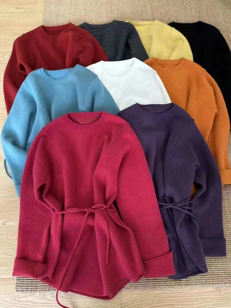 【俪宝】复古风冬季新款欧货袖口卷边腰绑带套头大版浣熊绒针织衫