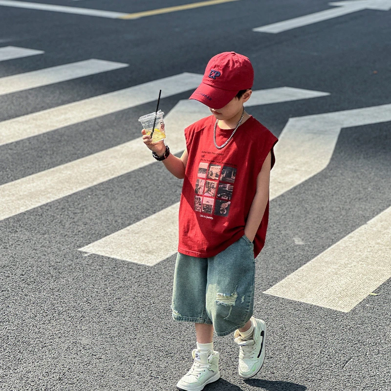 男童夏装新款背心套装2025洋气儿童夏季中大童痞帅男孩童装 916