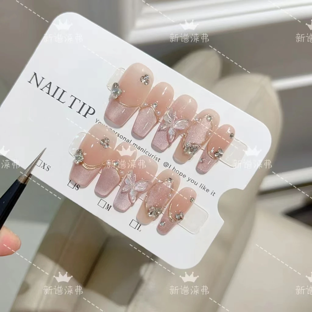 月光银蝶纯手工穿戴甲腮红高级感猫眼蝴蝶轻奢可拆卸