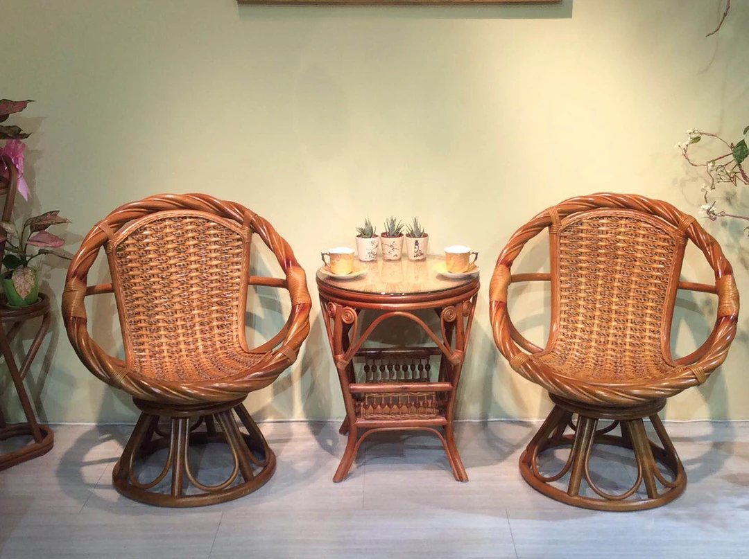 藤茶几客厅家用简约阳台单人茶桌椅圆形手工藤编家用茶几轻奢古典