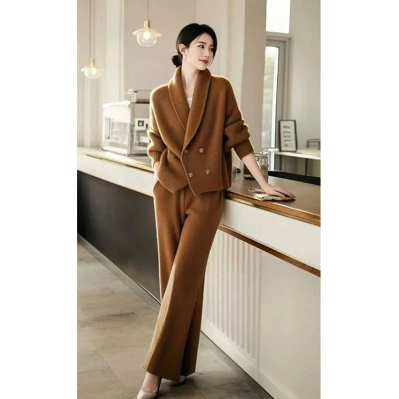 复古休闲高级感针织套装女宽松毛衣外套阔腿裤两件套秋冬新款女装