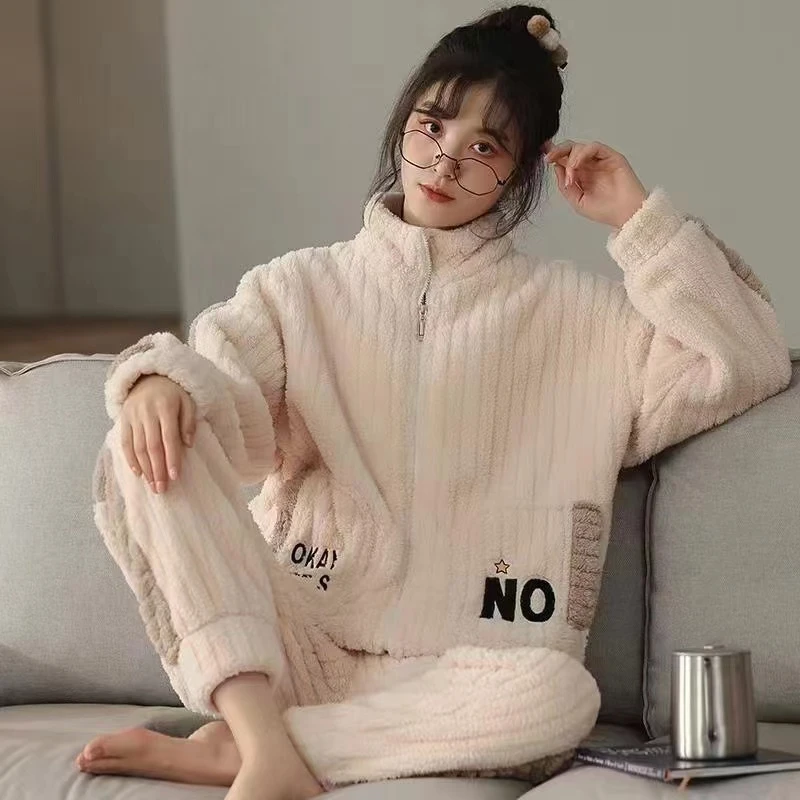 【粉丝专属】秋冬季北极绒口袋字母拼色女款睡衣保暖家居服套装