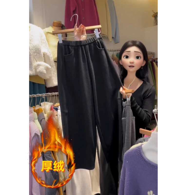 格洛森秋冬新款小个子设计感加绒高腰宽松休闲显瘦毛呢九分奶奶裤