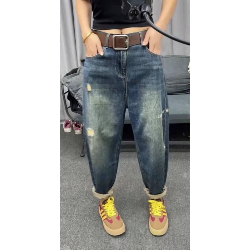 格洛森女装早春新款高弹九分阔腿牛仔裤小个子高腰显瘦后兜老爹裤