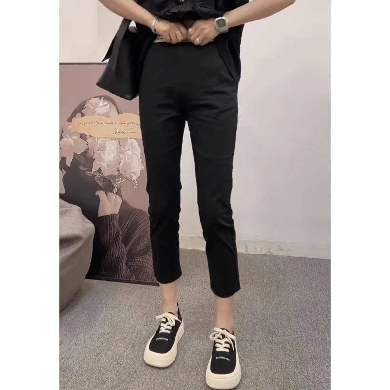 格洛森女装早秋黑色梨形身材休闲裤子直筒八分高腰显瘦纸皮烟管裤