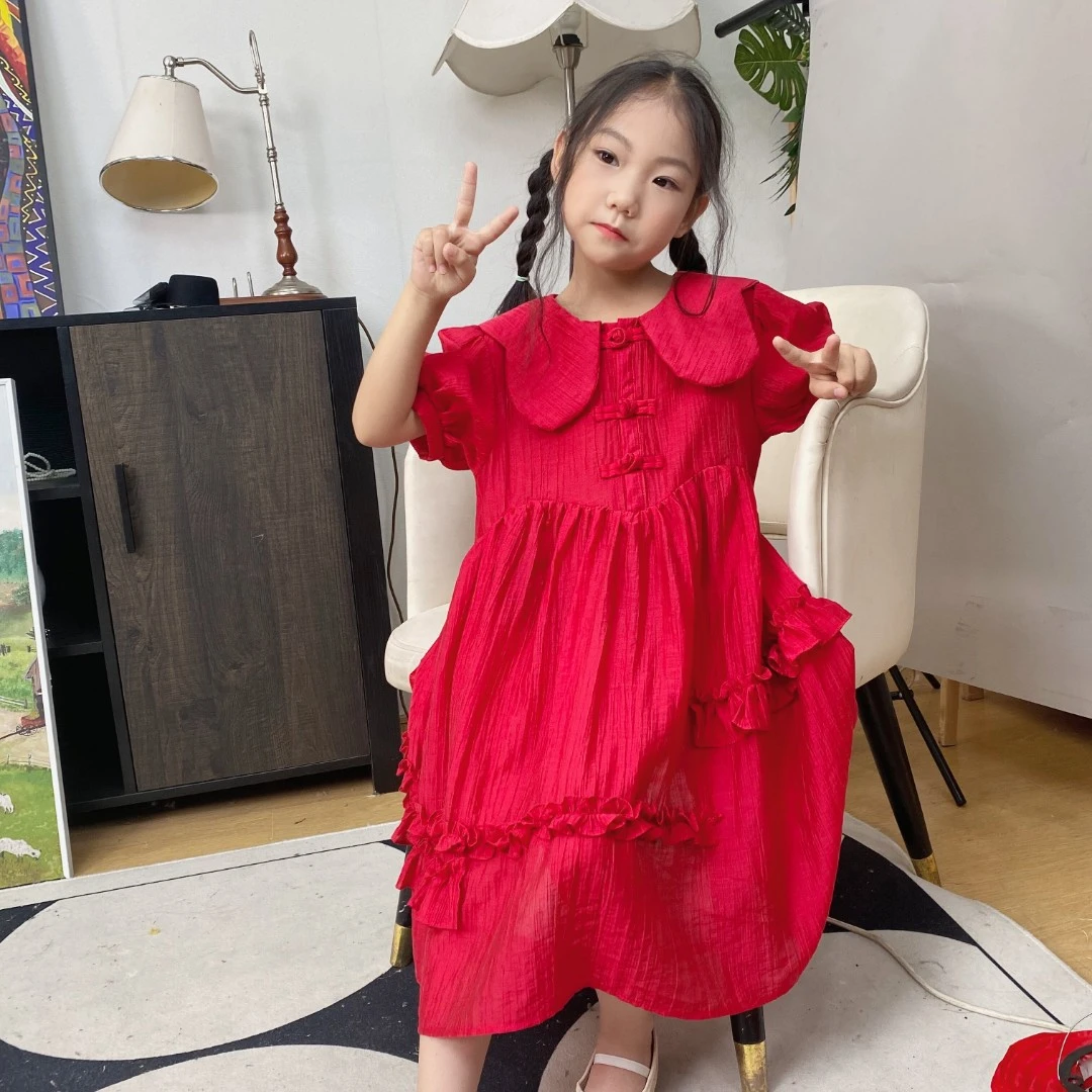 咪多咪彩夏季洋气娃娃领红色女童连衣裙甜美女孩中大童时尚宝宝