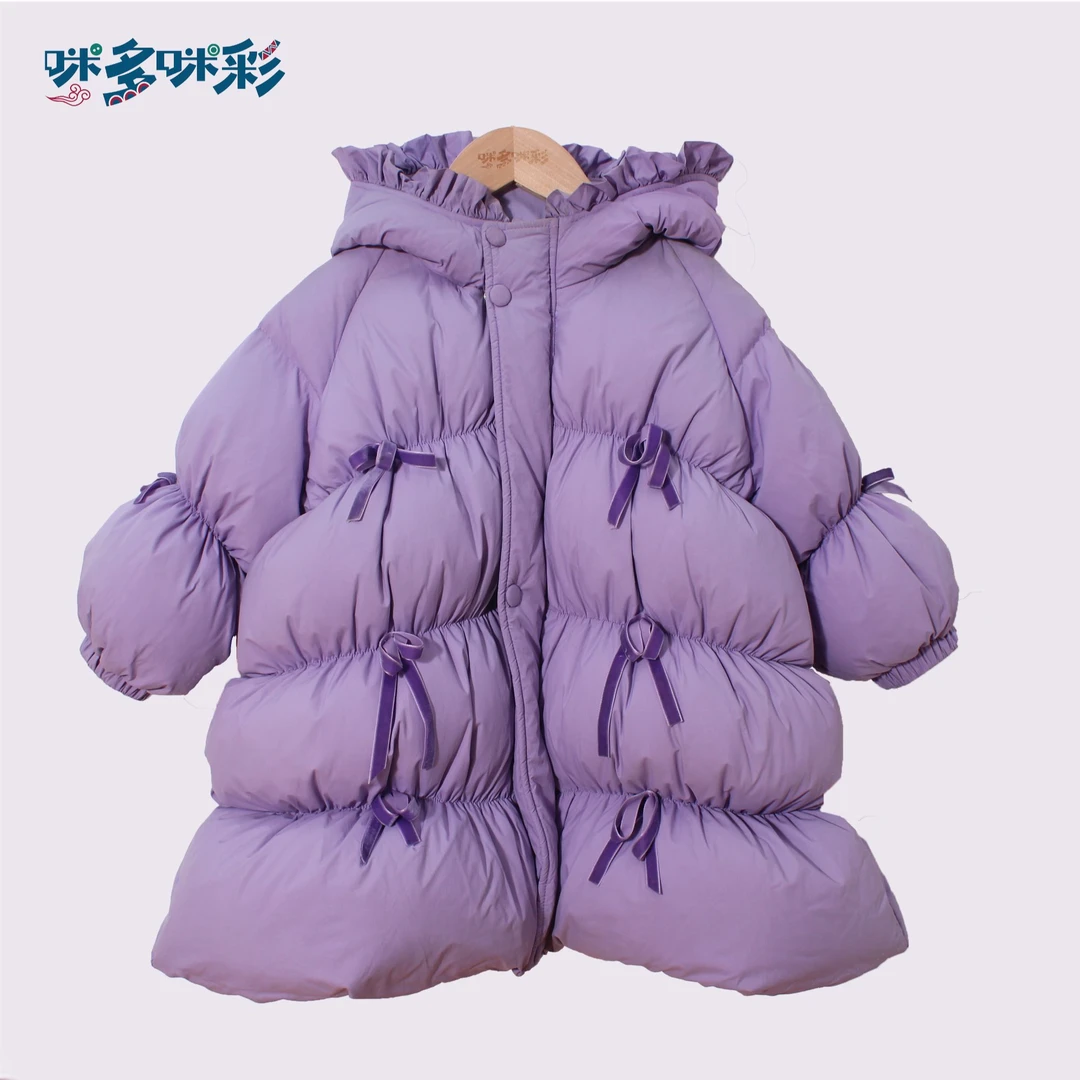 新款女童长款90鸭绒羽绒服女童香芋紫童装冬季加厚保暖连帽外套
