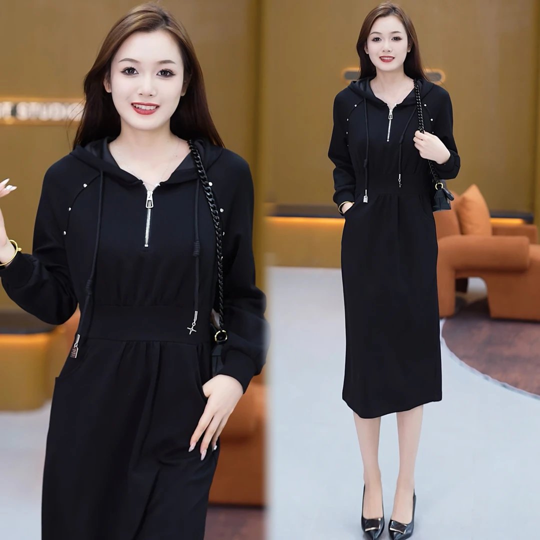 秋季高端连衣裙修身显瘦长袖连帽收腰长裙微胖妈妈裙子打底裙新款