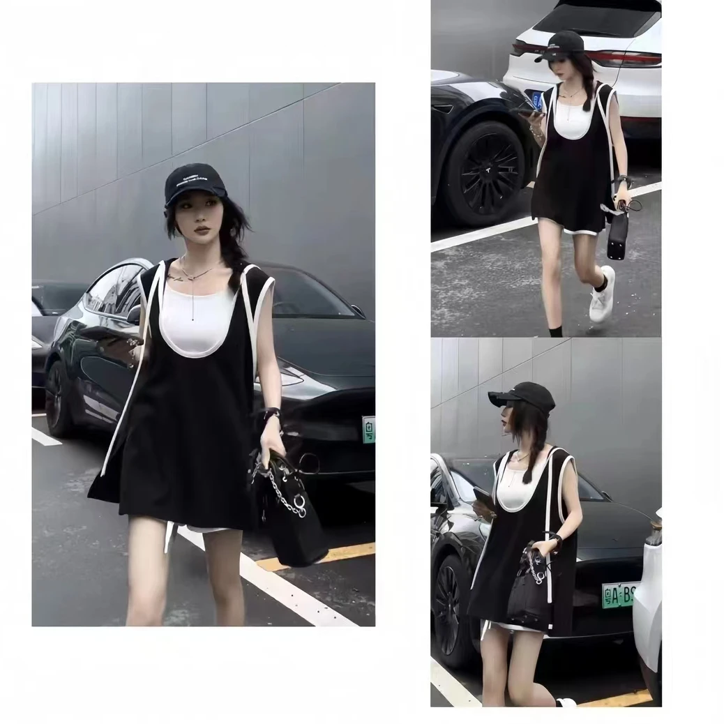 夏季新款韩版时尚显瘦运动休闲套装女慵懒宽松无袖连帽短裤三件套