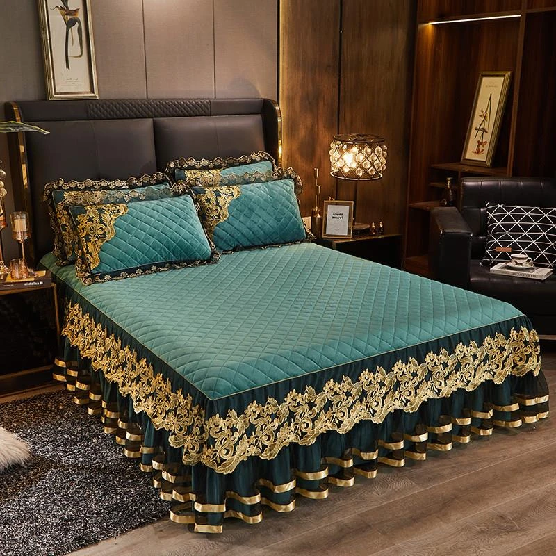 秋冬欧式水晶绒床裙夹棉2021新款加厚床罩裙式床套防滑保护套1.8m