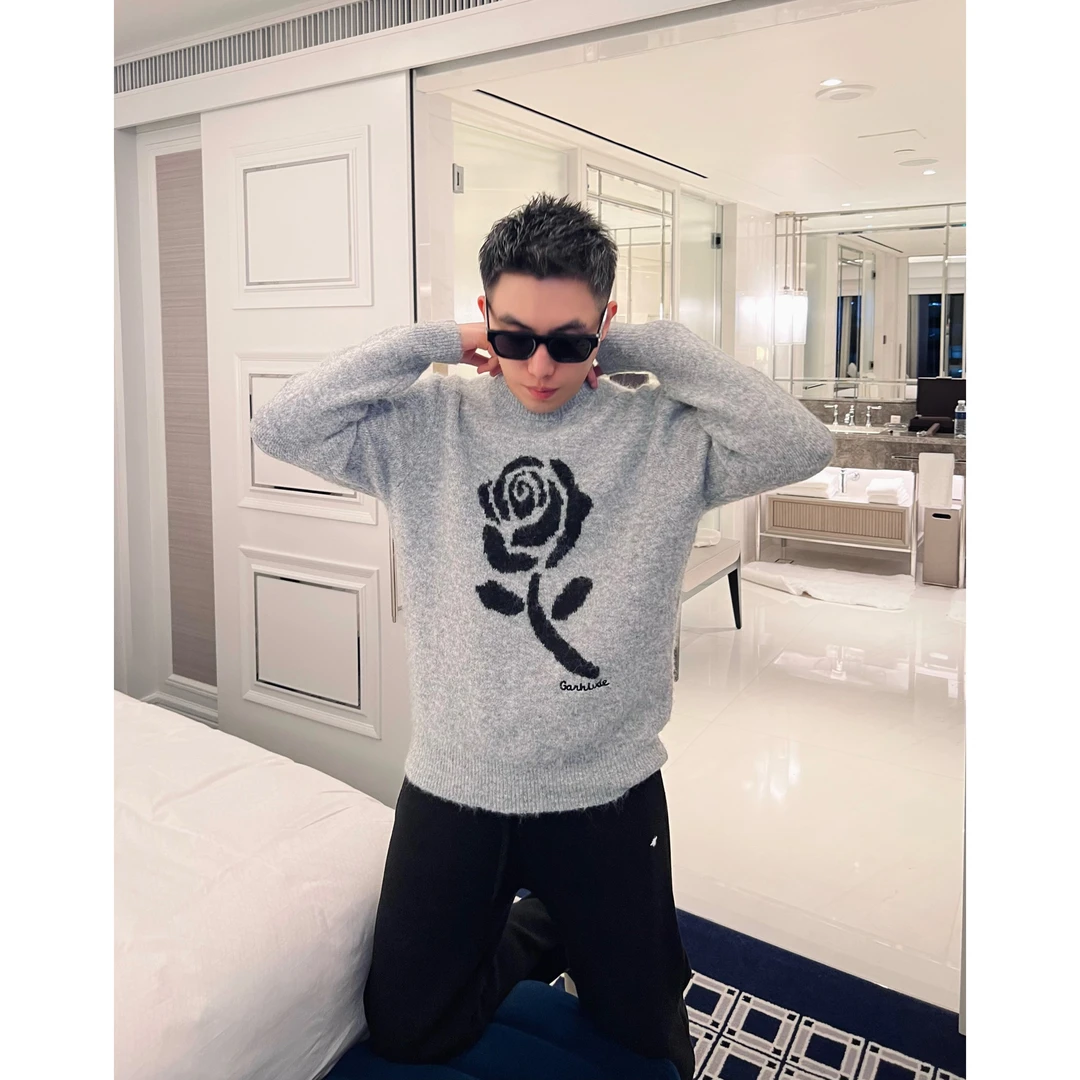 【黑色玫瑰】秋冬羊毛混纺拉毛小众保暖圆领套头毛衣时尚轻奢男士