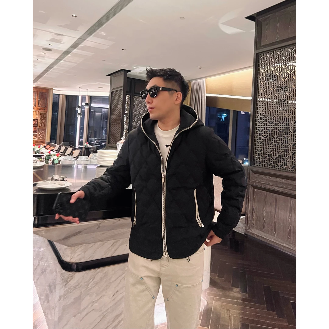 【摩登时代】90白鸭绒全拉链格纹连帽连帽羽绒服夹克外套男士时尚