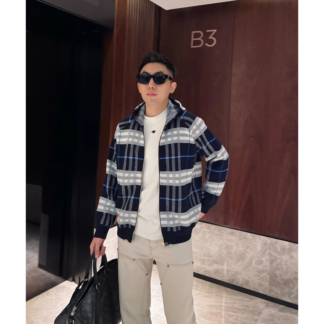 【蓝色格纹开衫】冬季羊毛混纺毛衣连帽开衫百搭保暖外套时尚休闲