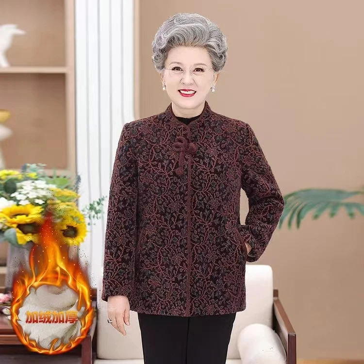 中老年女妈妈装冬季老人洋气加绒加厚毛呢外套老年人保暖御寒上衣