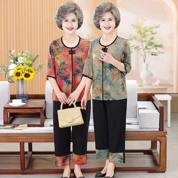 奶奶装夏季衬衫T恤70多岁老年人女套装老人衣服妈妈夏装薄款上衣