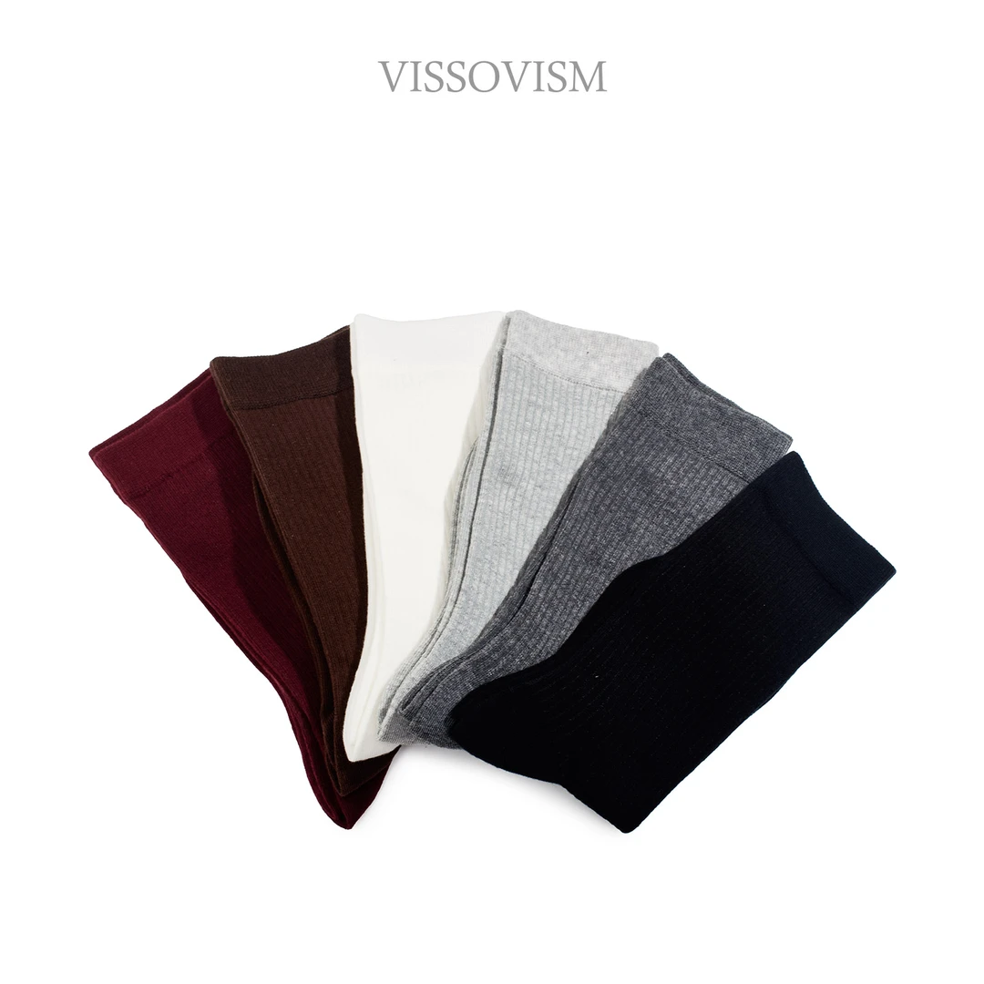 VISSOVISM 秋冬新款安可拉红纯色竖条无骨中筒袜