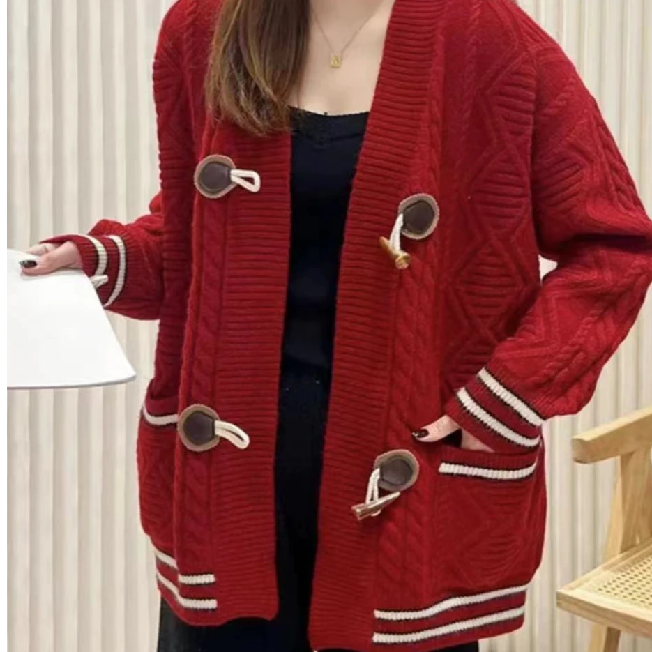 春装针织衫开衫2024新款牛角扣宽松百搭毛衣外套女装秋冬V领上衣