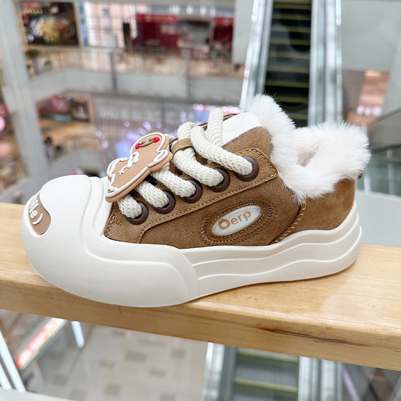 【白鹿同款】2024冬季新款真皮真毛美拉德棕大头鞋姜饼人开口笑棉鞋