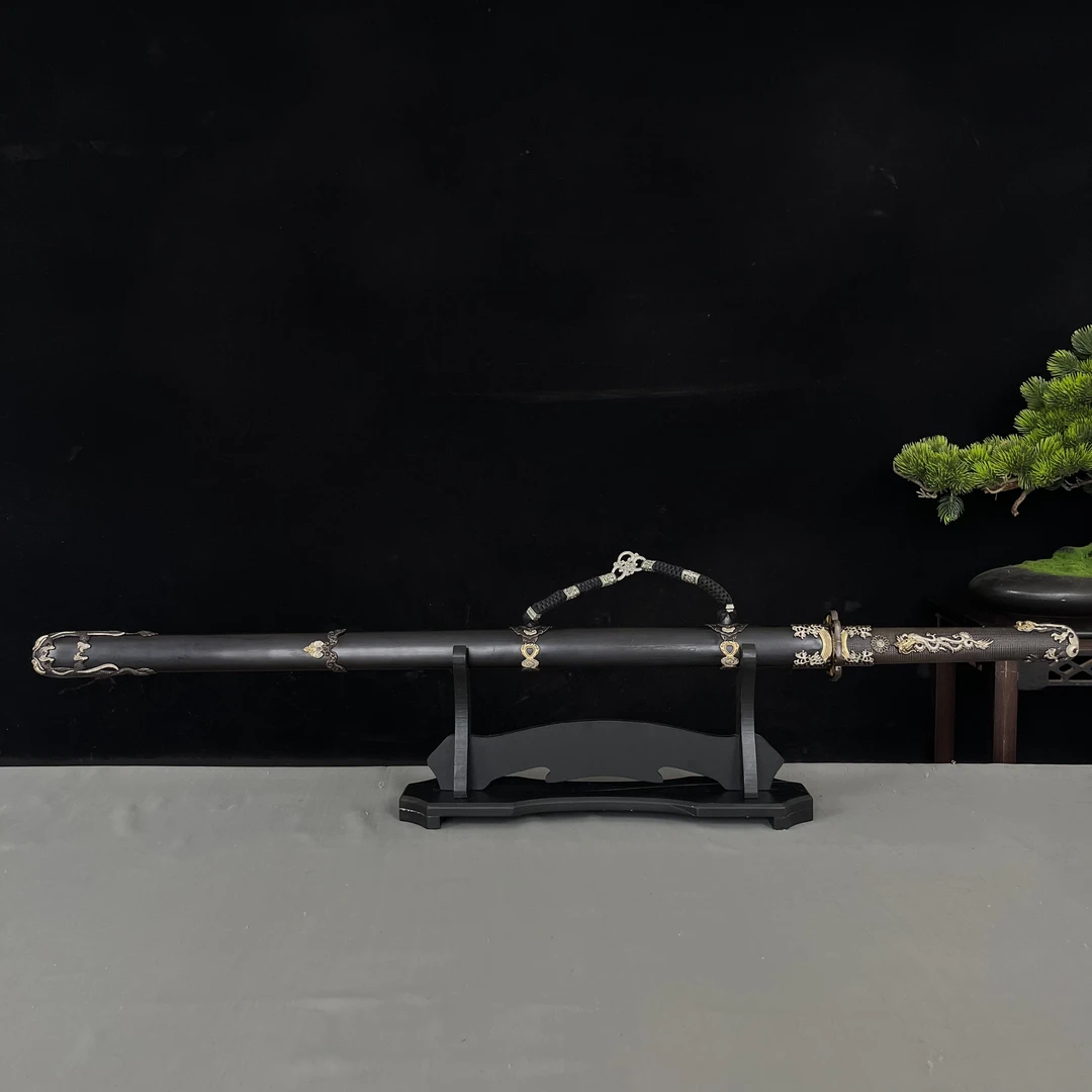 水龙唐横刀乌兹钢烧刃黑檀木黄铜做旧鎏金银龙泉（冯渊刀剑）未开刃