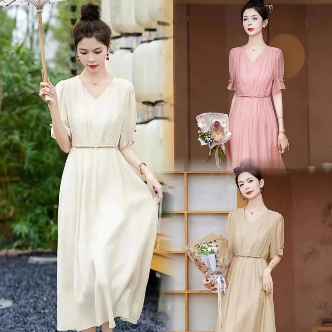 女装丝麻显瘦气质轻奢时尚高贵夏季法式简约收腰优雅中长款连衣裙