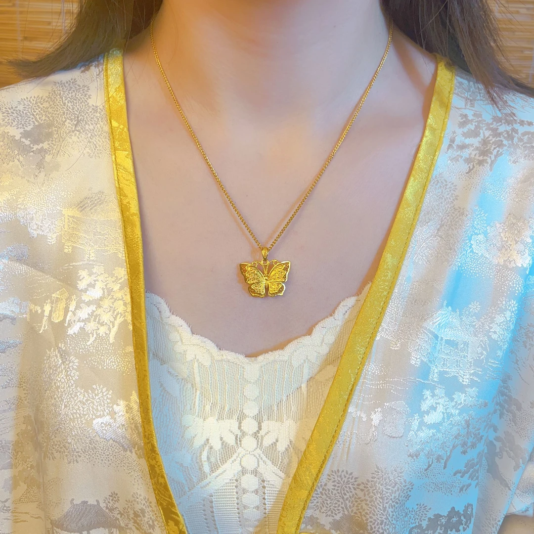 合金项链 【精工版】双层蝴蝶项链掐丝坠链金色百搭颈链轻奢精美